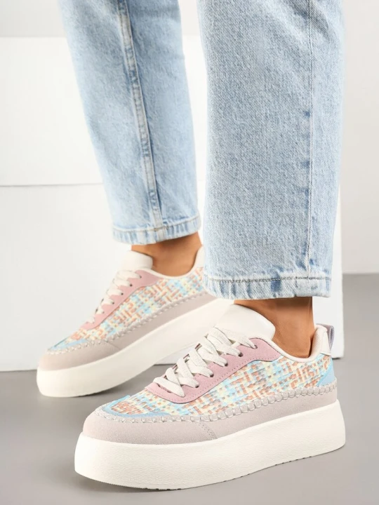 Zdjęcie produktu Beżowo-Różowe Sneakersy na Grubej Podeszwie z Plecioną Cholewką Nilavanea Ideal