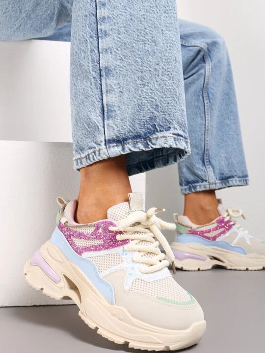 Zdjęcie produktu Beżowo-Różowe Sneakersy na Grubej Podeszwie z Siateczką i Błyszczącymi Detalami Xernnia