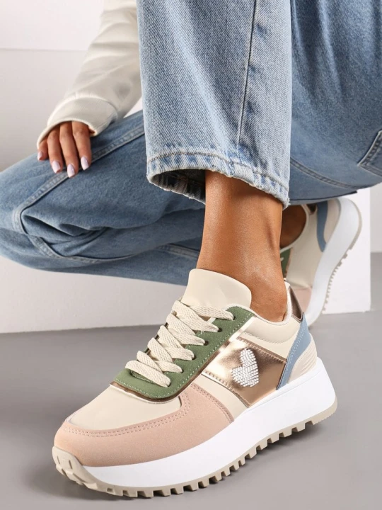 Zdjęcie produktu Beżowo-Różowe Sneakersy na Piankowej Platformie z Serduszkiem Timava