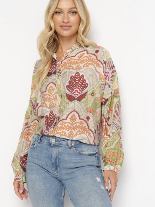 Zdjęcie produktu Beżowo-Zielona Koszula w Modny Print z Guzikami Jennifas Rosa