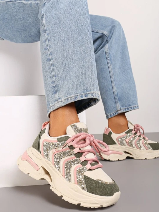 Zdjęcie produktu Beżowo-Zielone Brokatowe Sneakersy na Grubej Podeszwie Wlanna