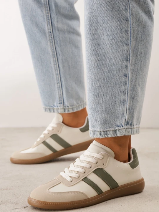 Zdjęcie produktu Beżowo-Zielone Casualowe Sneakersy na Płaskiej Podeszwie z Paskami Jereria Gowin