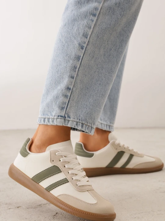 Zdjęcie produktu Beżowo-Zielone Płaskie Sneakersy Ozdobione Paskami Glaria Gowin