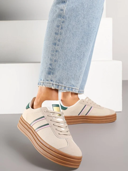 Zdjęcie produktu Beżowo-Zielone Sneakersy na Platformie z Minimalistycznymi Przeszyciami Teritha