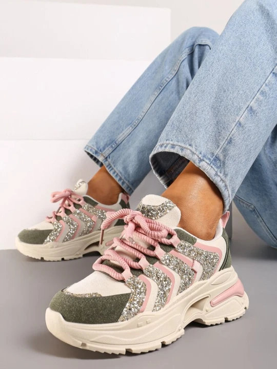 Zdjęcie produktu Beżowo-Zielone Sznurowane Sneakersy na Platformie Ozdobione Brokatem Ewla