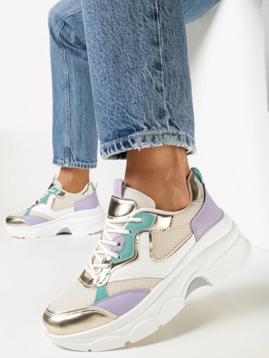 Zdjęcie produktu Beżowo-Złote Sneakersy na Grubej Podeszwie z Lakierowanymi Wstawkami Fryda