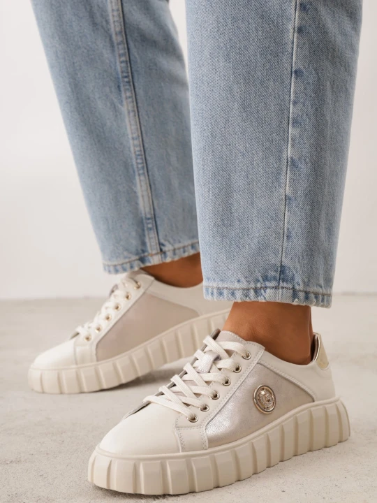 Zdjęcie produktu Beżowo-Złote Sneakersy Skórzane z Chunky Podeszwą i Metalicznymi Wstawkami Volla Goodin