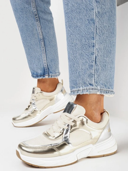 Zdjęcie produktu Beżowo-Złote Sneakersy z Metaliczną Lamówką Ovanaia