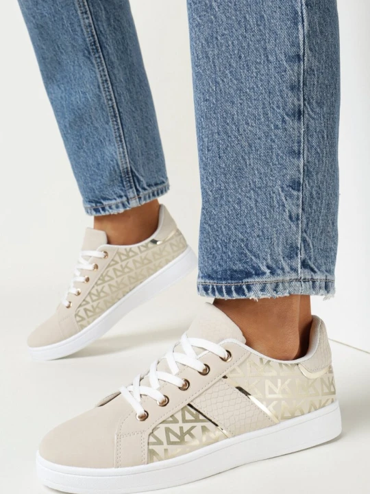 Zdjęcie produktu Beżowo-Złote Sneakersy z Nadrukiem Mindi