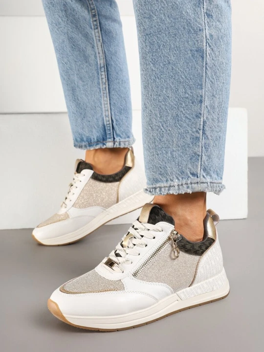 Zdjęcie produktu Beżowo-Złote Sneakersy z Ozdobnym Suwakiem i Skórzaną Wkładką Hanviera