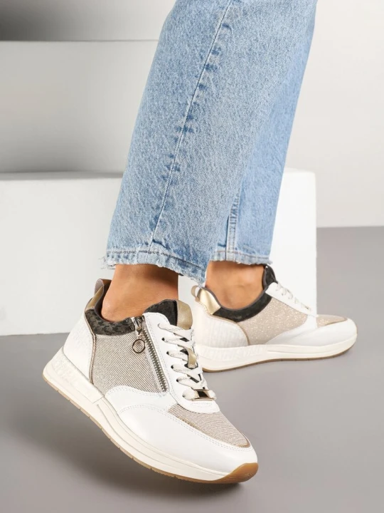 Zdjęcie produktu Beżowo-Złote Sneakersy z Wkładką ze Skóry Naturalnej Zdobione Suwakiem Fihanor