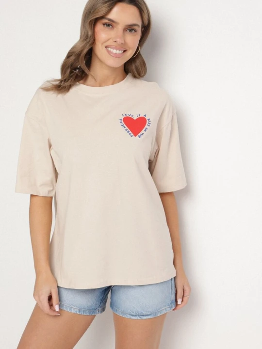 Zdjęcie produktu Beżowy Bawełniany T-shirt z Motywem Serca Liorlie Jumelle