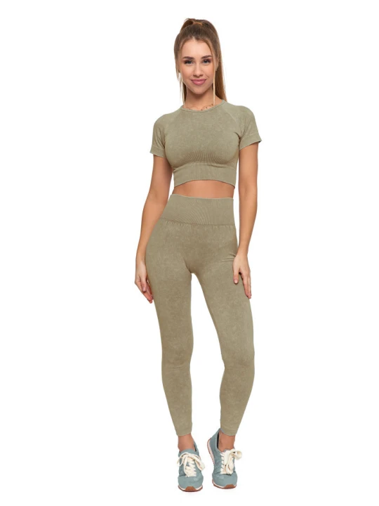 Zdjęcie produktu Komplet damski Moraj, top z krótkim rękawem i legginsy długie z wysokim stanem, beżowe, BD1900-508 + RDL2200-013
