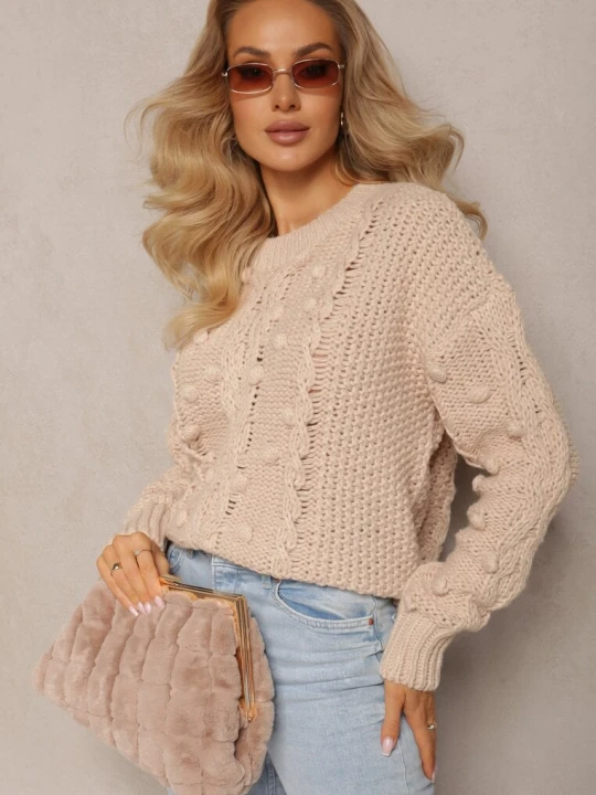 Zdjęcie produktu Beżowy Grubo Pleciony Sweter z Wełną i Bawełną Bavime Moni&co