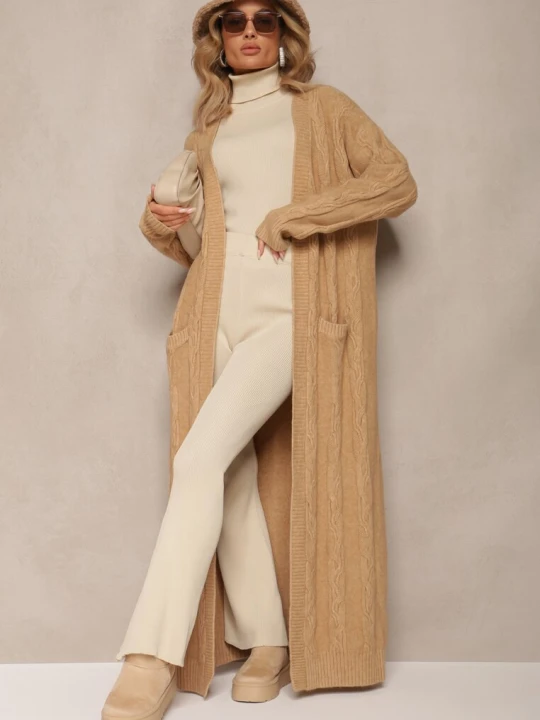 Zdjęcie produktu Beżowy Kardigan o Wydłużonym Fasonie Niezapinany ze Splotem w Warkocz Ottimia Wool Fashion