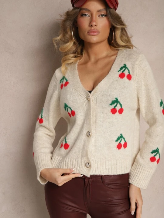 Zdjęcie produktu Beżowy Kardigan z Dekoltem w Kształcie Litery V we Wzór z Wisienkami Nelanel New Collection