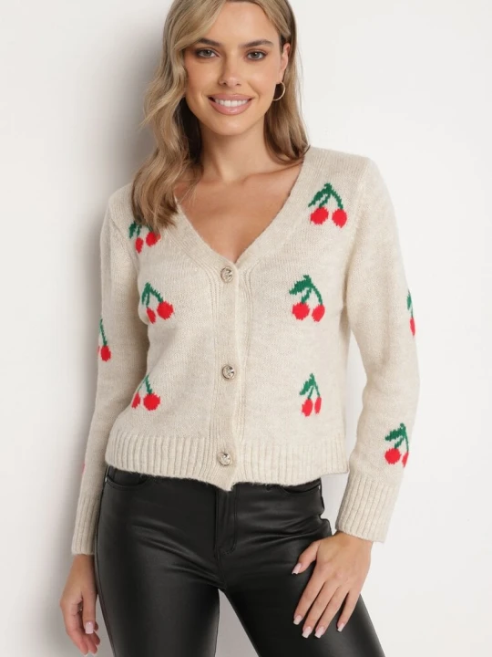 Zdjęcie produktu Beżowy Kardigan z Dekoltem w Serek Zdobiony Wzorem w Wisienki Neliviel New Collection