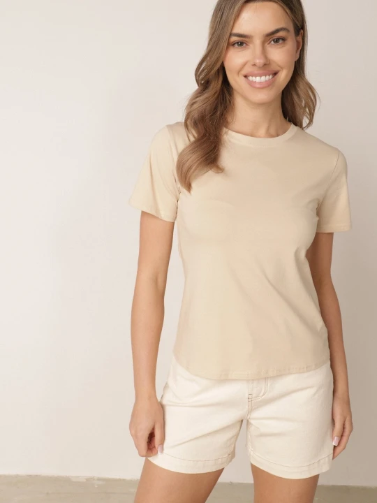 Zdjęcie produktu Beżowy Klasyczny T-shirt z Bawełny Lorali J.style