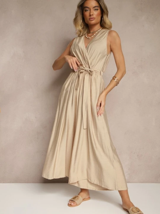 Zdjęcie produktu Beżowy Kombinezon Taliowany z Wiskozą Ozdobiony Paskiem Evintria H&s