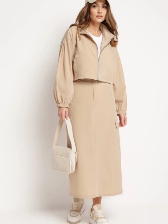 Zdjęcie produktu Beżowy Komplet Casualowy Bluza z Suwakiem i Stójką oraz Spódnica z Kieszeniami Hettora
