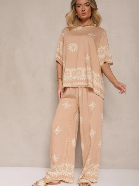 Zdjęcie produktu Beżowy Komplet Oversize z Bluzką i Luźnymi Spodniami w Stylu Boho Ronivara J&x