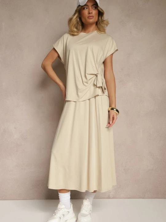 Zdjęcie produktu Beżowy Komplet z Wiskozą Spódnica i Bluzka Zdobiona Wiązaniem w Talii Davisavina New Collection