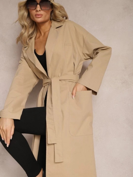 Zdjęcie produktu Beżowy Płaszcz z Wiązanym Paskiem Oversize Terethia Ann Gissy