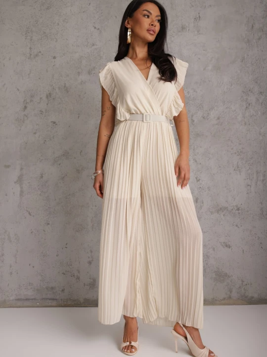 Zdjęcie produktu Beżowy Plisowany Kombinezon z Falbankami i Szerokimi Nogawkami Jarina New Collection