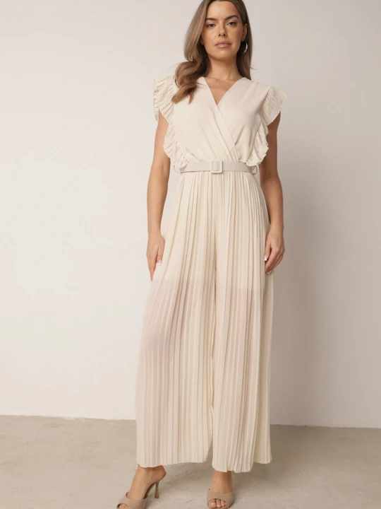 Zdjęcie produktu Beżowy Plisowany Kombinezon z Szerokimi Nogawkami i Paskiem Audra New Collection