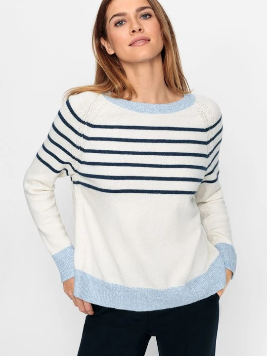 Zdjęcie produktu LENZING™ ECOVERO™ Beżowy sweter damski Henny w granatowe paski - Coast Vibes Olsen