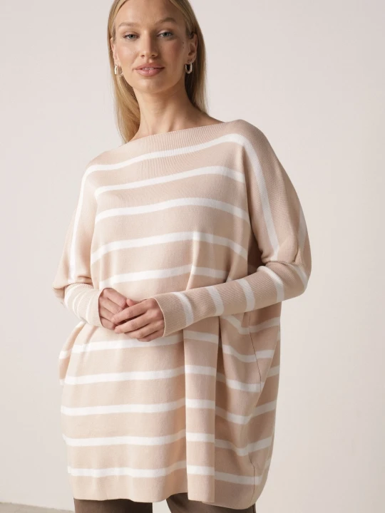 Zdjęcie produktu Beżowy Sweter Oversize w Paski z Rękawami Nietoperz Caelania Elsa.m By May