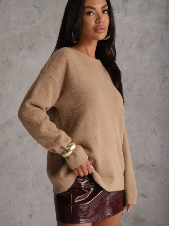 Zdjęcie produktu Beżowy Sweter Oversize z Bawełną i Wełną Typu Basic Oseani J&x