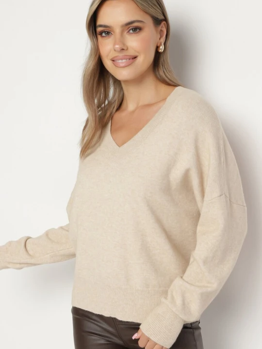 Zdjęcie produktu Beżowy Sweter z Dekoltem w V z Domieszką Kaszmiru Mariara Tandem