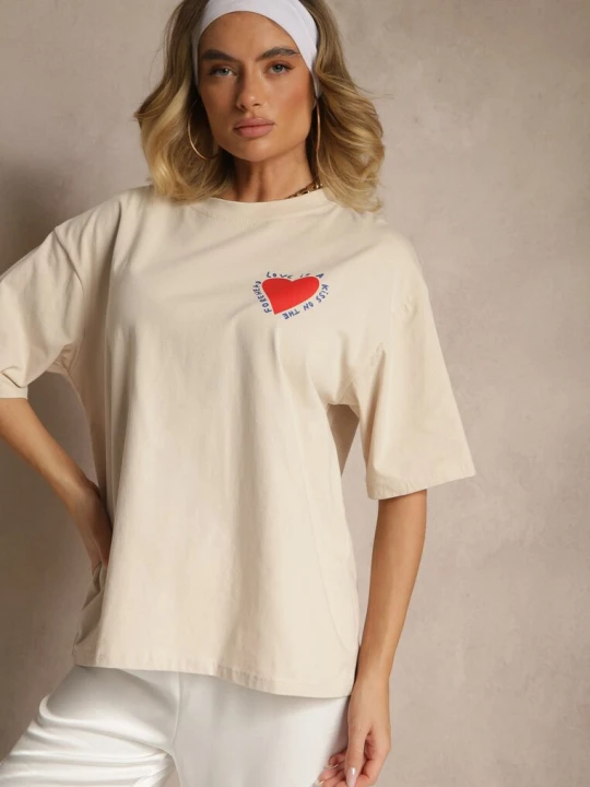 Zdjęcie produktu Beżowy T-shirt z Bawełny Ozdobiony Sercem Ranira Jumelle