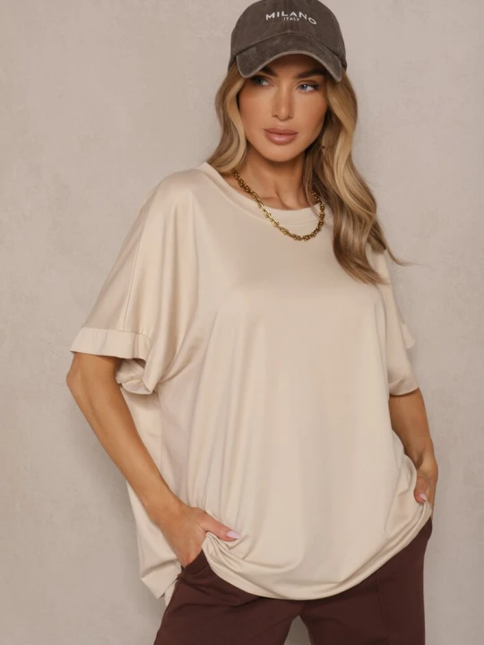 Zdjęcie produktu Beżowy T-shirt z Wiskozą o Fasonie Nietoperza Tanalitha J Studio