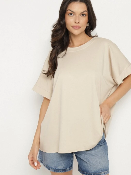 Zdjęcie produktu Beżowy T-shirt z Wiskozą o Kroju Nietoperza Tanariona J Studio