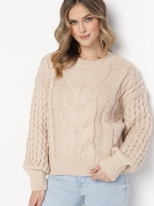Zdjęcie produktu Beżowy Sweter z Bawełną i Wełną z Warkoczykowym Splotem Venqille Moni&co