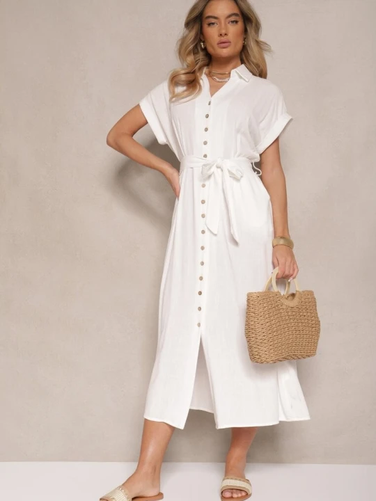 Zdjęcie produktu Biała Bawełniana Sukienka Koszulowa z Wiązanym Paskiem i Krótkim Rękawem Elannoria M&d Fashion