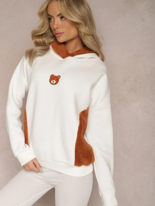 Zdjęcie produktu Biała Bluza z Bawełny z Ozdobną Naszywką z Misiem i Polarowym Kapturem Hecatia Las Garras