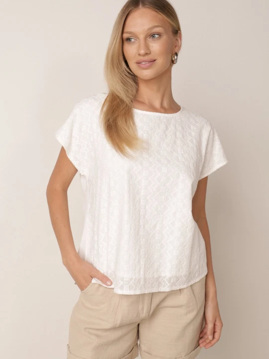 Zdjęcie produktu Biała Bluzka z Bawełny o Kroju Oversize Ozdobiona Haftem Adriatea J&x