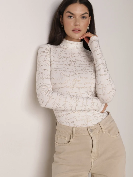 Zdjęcie produktu Biała Bluzka z Bawełny w Stylu Longsleeve z Półgolfem w Literowy Nadruk Azelenia Glo-story