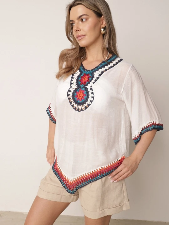 Zdjęcie produktu Biała Boho Bluzka Narzutka z Rękawem 3/4 Dimette R&f Fashion
