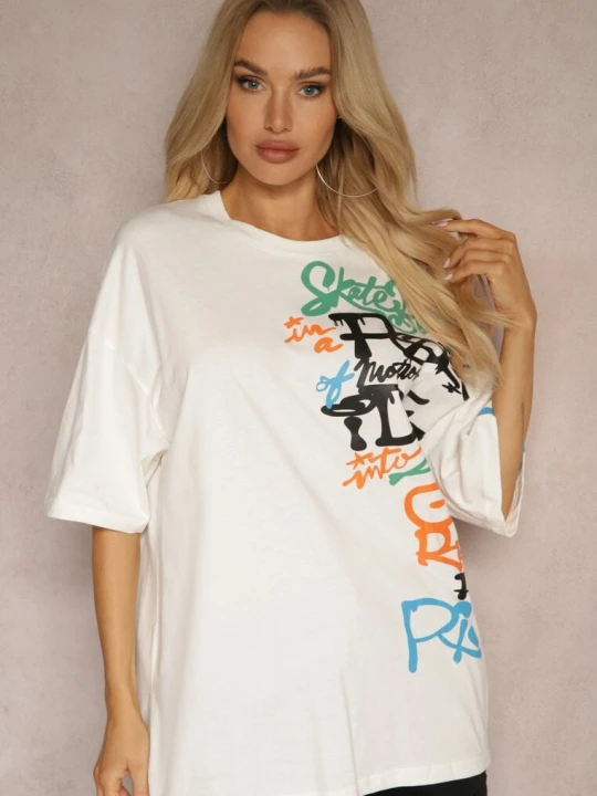Zdjęcie produktu Biała Koszulka T-shirt z Napisami w Stylu Graffiti z Bawełny Venoma
