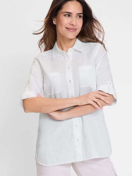 Zdjęcie produktu Biała lniano-bawełniana koszula damska z krótkim rękawem – Boho Beauty Olsen