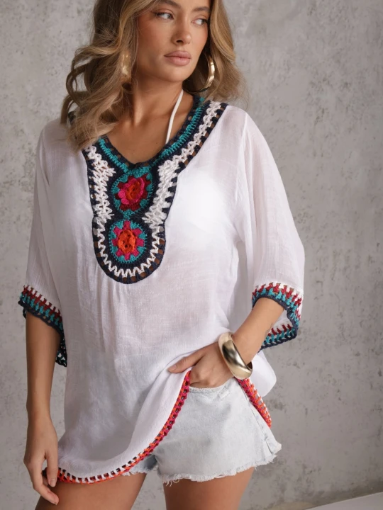 Zdjęcie produktu Biała Narzutka Bluzka ze Wstawkami z Ażurowej Tkaniny Vandasia R&f Fashion