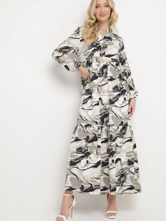 Zdjęcie produktu Biała Rozkloszowana Sukienka w Abstrakcyjny Wzór Alusima M&d Fashion