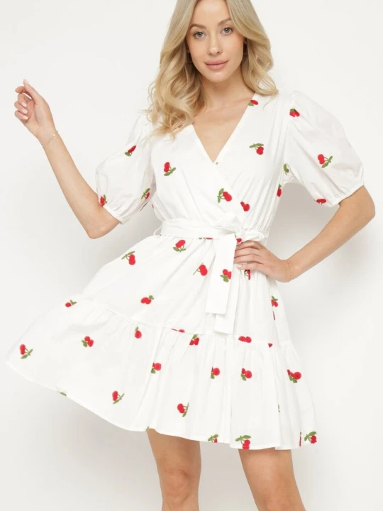 Zdjęcie produktu Biała Sukienka Bawełniana z Gumką w Pasie w Wisienki Alova Retro & Icone