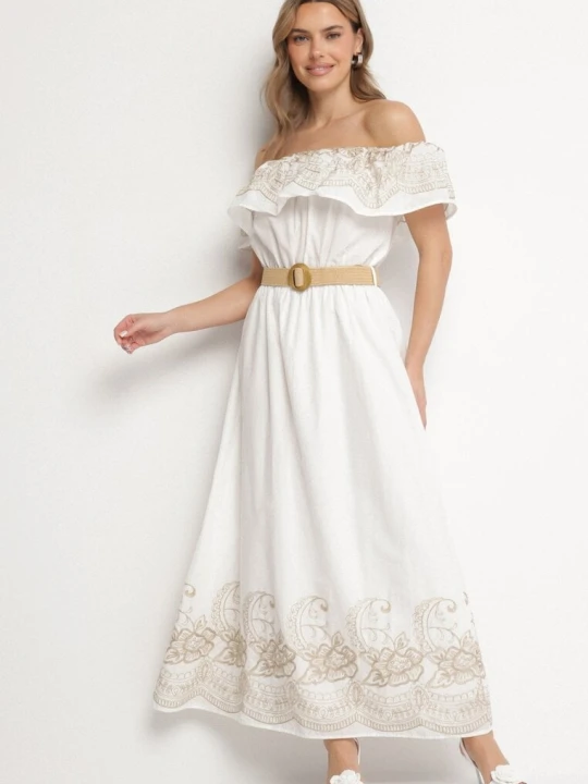 Zdjęcie produktu Biała Sukienka Hiszpanka w Stylu Boho z Haftem i Paskiem z Klamrą Mellirna Allyson