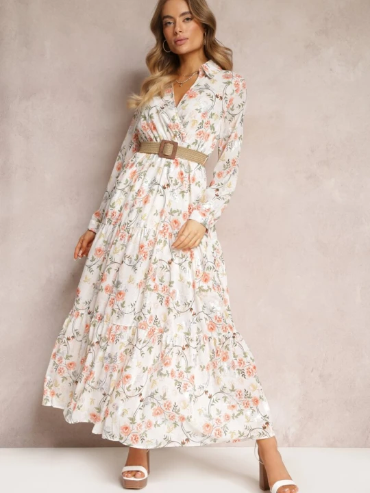 Zdjęcie produktu Biała Sukienka Maxi z Plecionym Paskiem i Gumką w Talii w Kwiaty Elanisa Rosa