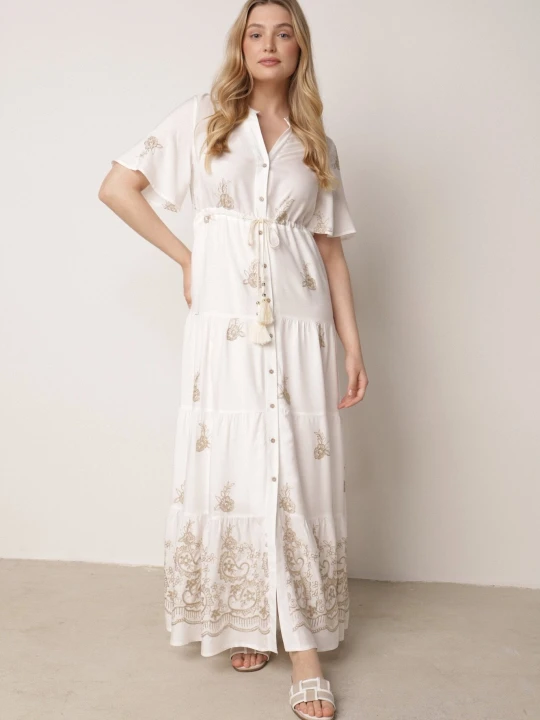 Zdjęcie produktu Biała Wiskozowa Sukienka Boho o Rozkloszowanym Kroju z Haftem i Wiązaniem Lilvanis Unigirl